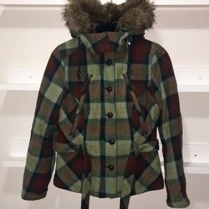 Triple Five Soul Plaid Jacket with Fur Hood - Green, Red, Brown